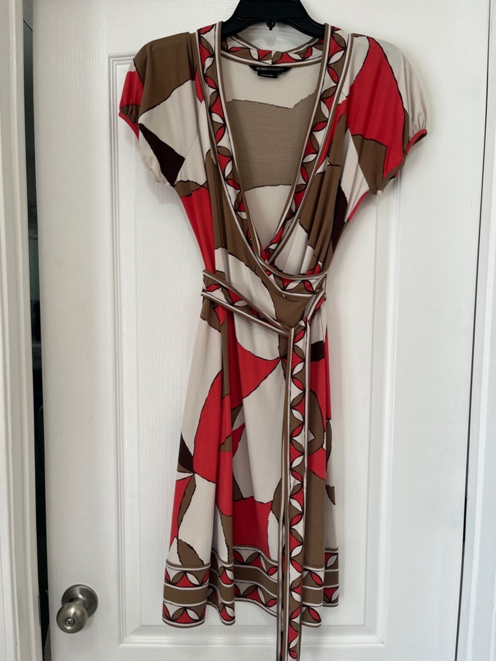 BCBGMaxAzria Wrap Dress in Red, Tan & Cream - Stylish Women's Dress, M